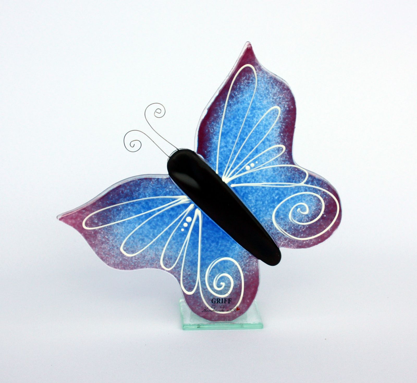 skleněný svícen motýl fialový s modrou