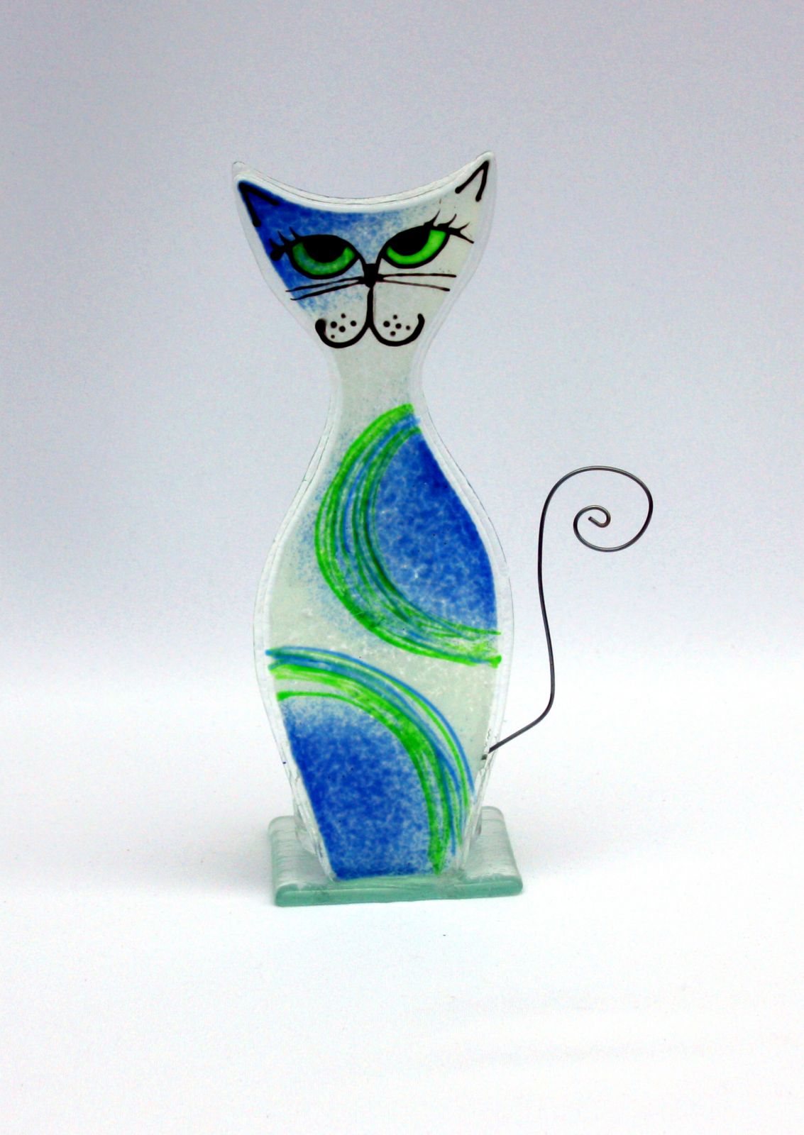 skleněný svícen kočka modrá