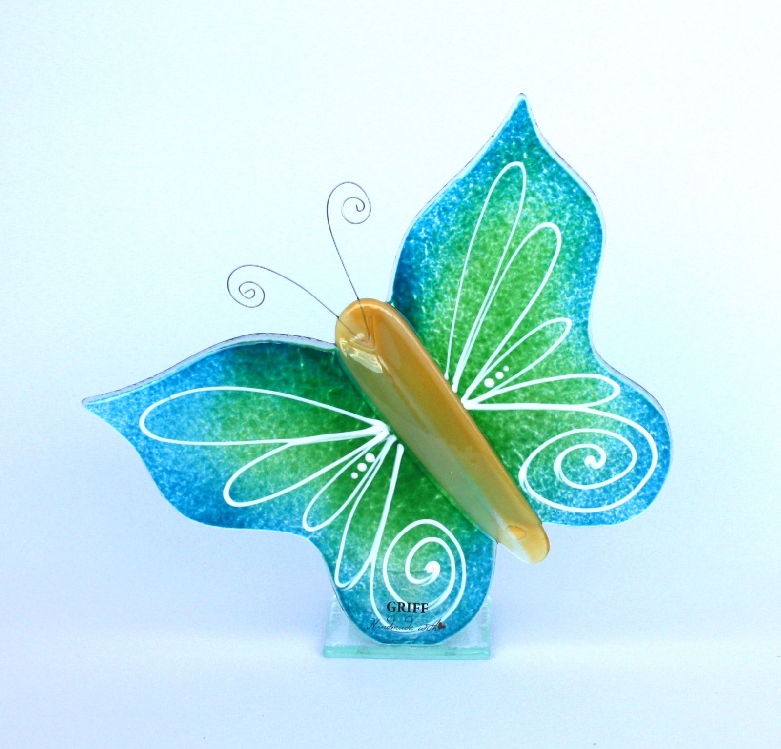 Skleněný svícen motýlek zelenomodrý