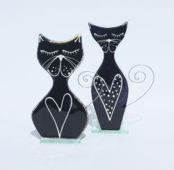 Skleněný svícen Kočka BACULKA - černá s bílým srdcem