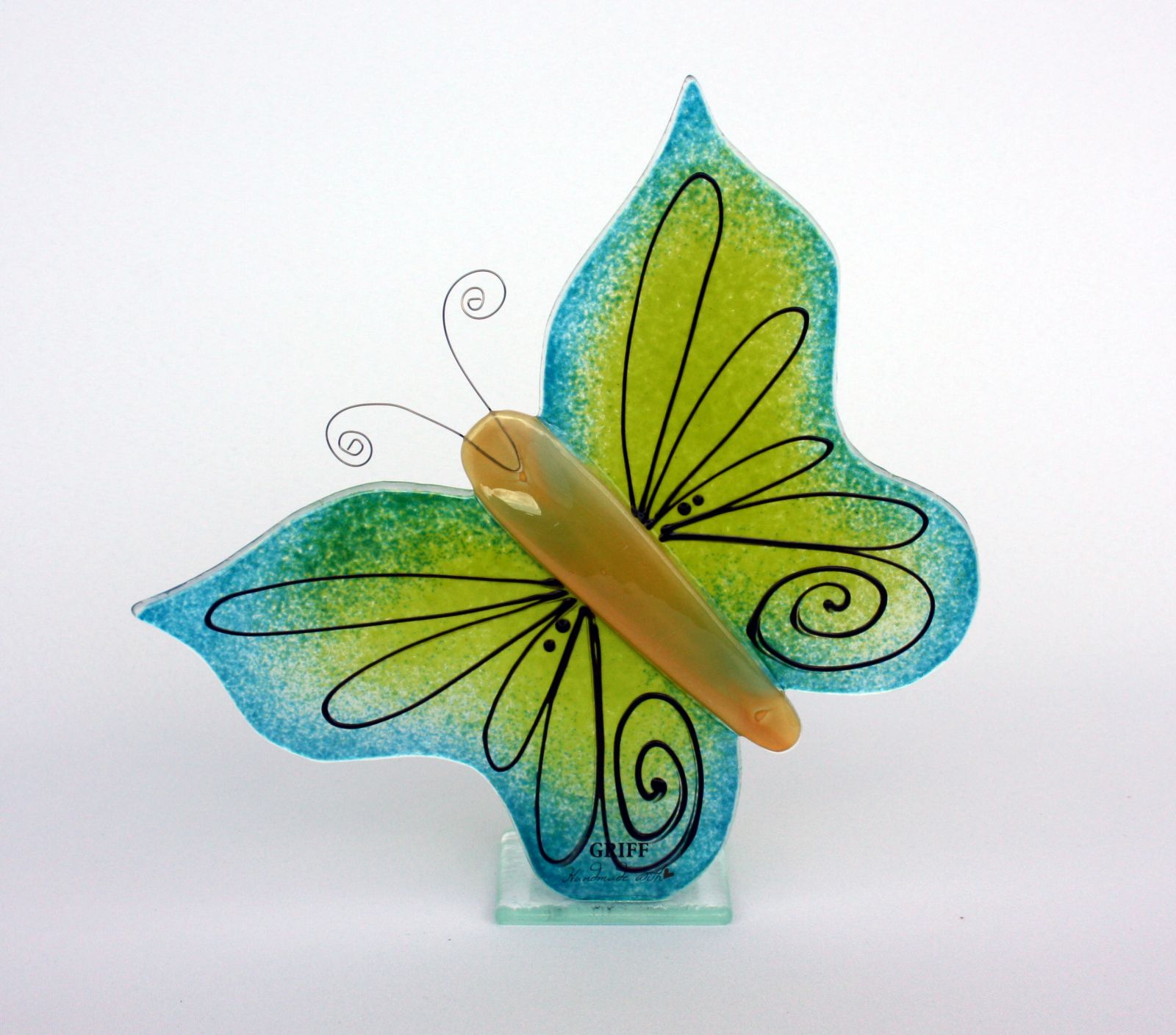 skleněný svícen motýl zelenomodrý