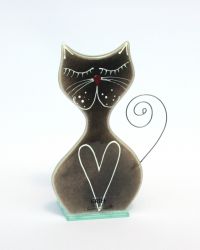 Skleněný svícen Kočka BACULKA - šedá s bílým srdcem