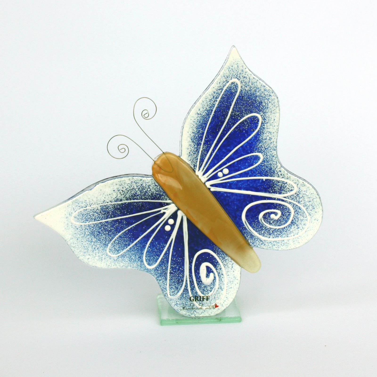skleněný svícen motýl modrý s bílou